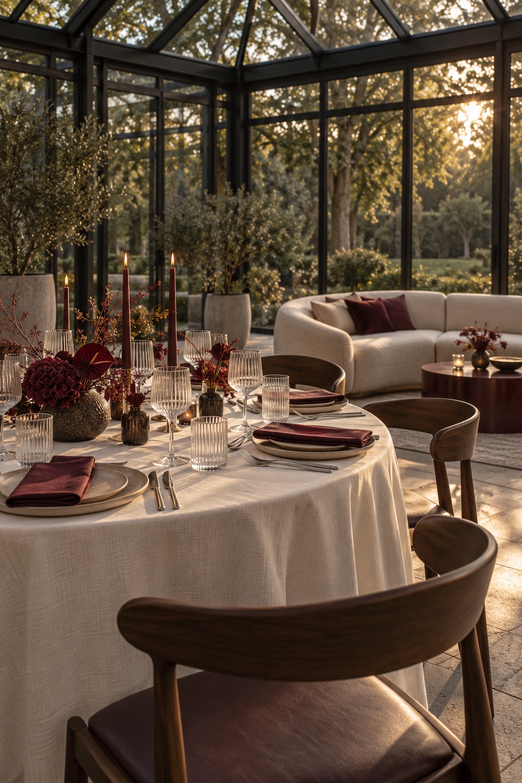 Sfeerimpressie van een gedekte dinertafel met bordeauxrode details en een lounge in een orangerie